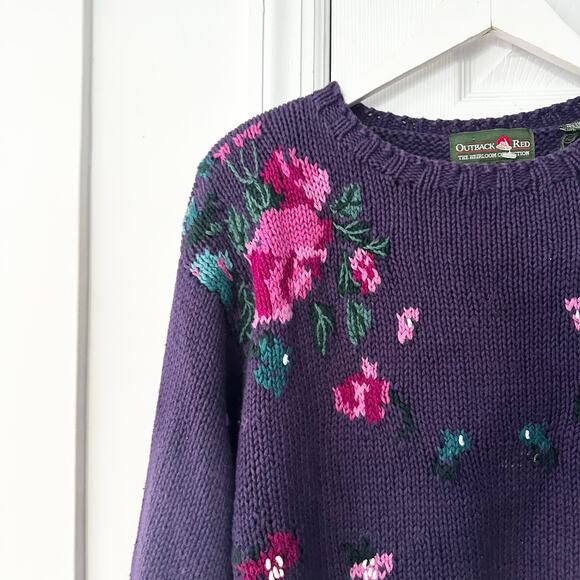 Outback Red Heirloom Collection Purple Handknit Pink Floral Rose Vintage Sweater - Picture 2 of 11